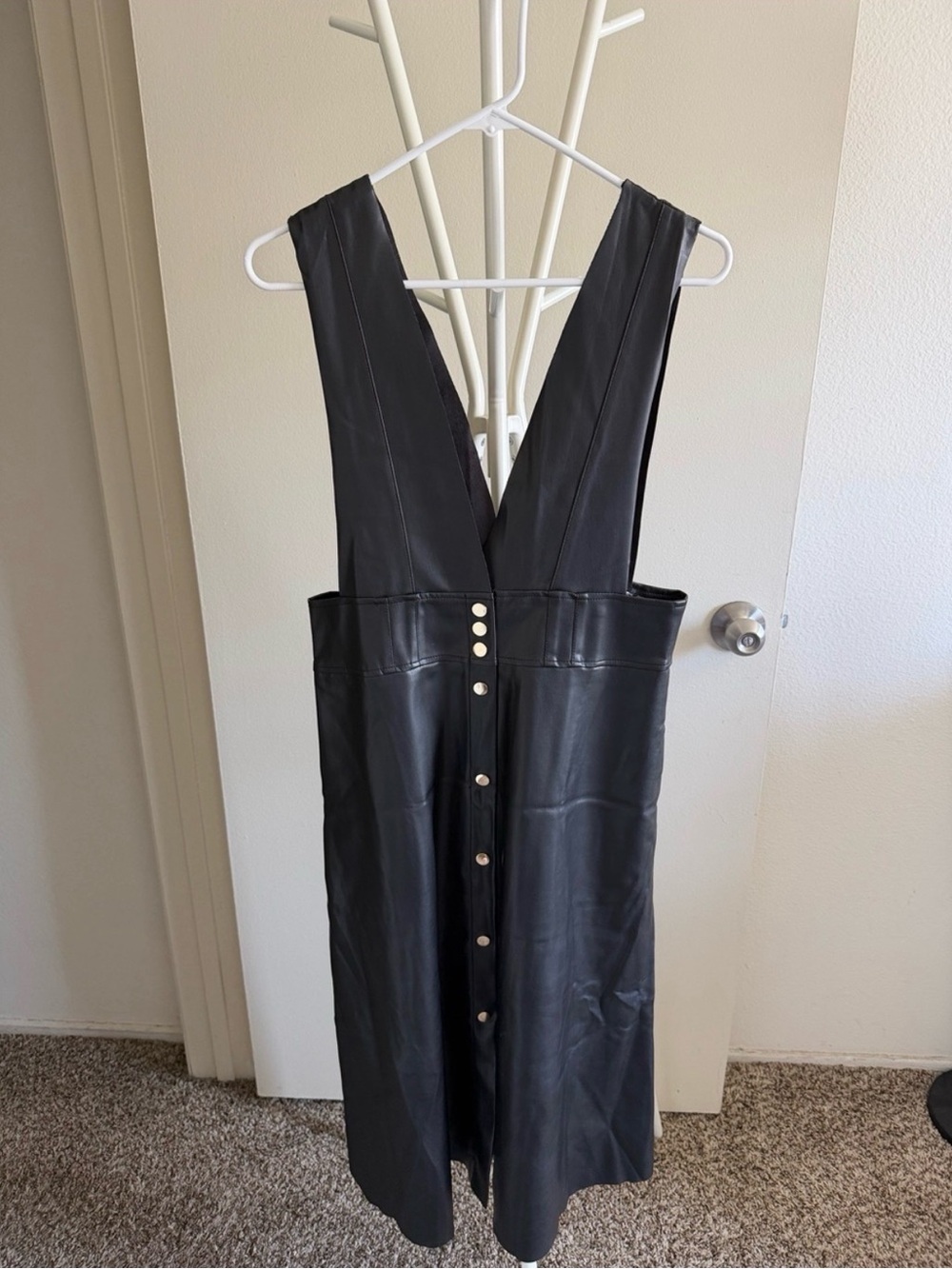 Zara Black Faux Leather Button-Front Pinafore Midi Dress